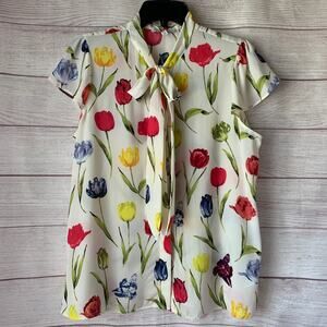 Maison d'Amelie Colorful Tulip Blouse with Tie Neck Button Up Size Medium